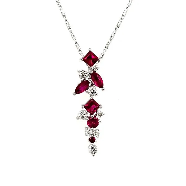 14K White Gold Cascading Ruby and Diamond Pendant Length 18 Inches Quality Gem LLC Bethel, CT