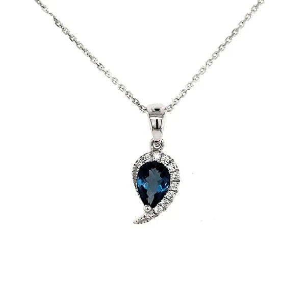 14K White Gold London Blue Topaz and Diamond Sweep Pendant Length 18 Inches Quality Gem LLC Bethel, CT