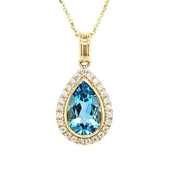 14K Yellow Gold Blue Topaz and Diamond Pear Halo Pendant Length 18 Inches Quality Gem LLC Bethel, CT