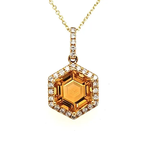 14K Yellow Gold Citrine and Diamond Hexagon Halo Pendant Length 18 Inches Quality Gem LLC Bethel, CT