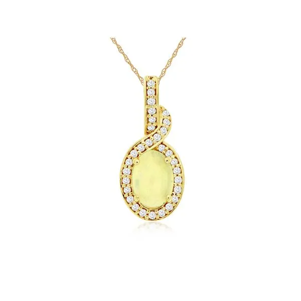 14K Yellow Gold Opal and Diamond Swirl Halo Pendant Length 18 Inches Quality Gem LLC Bethel, CT