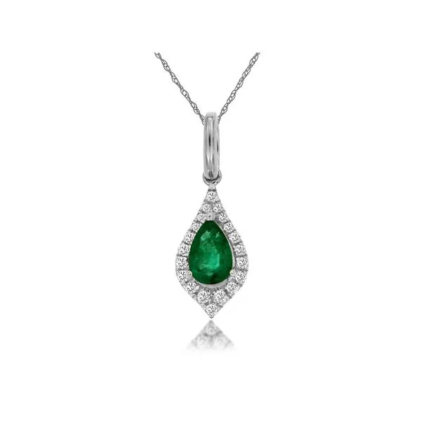 14K White Gold Emerald and Diamond Halo Pendant Length 18 Inches Quality Gem LLC Bethel, CT