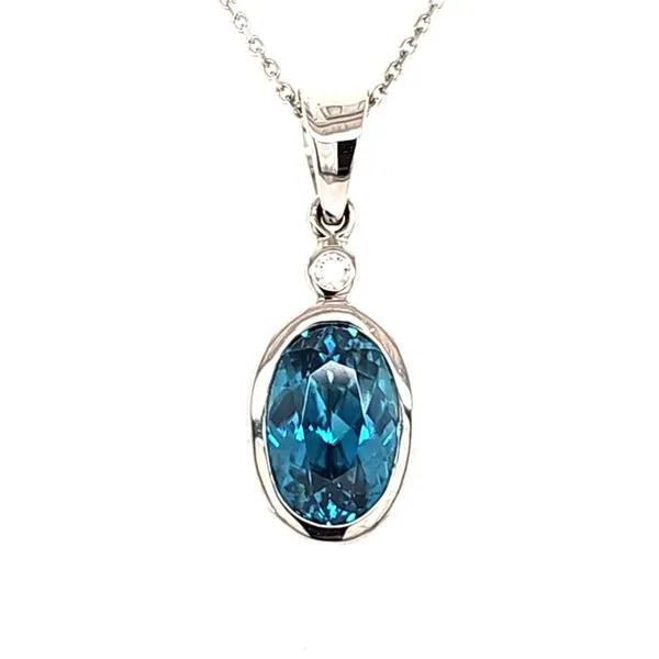 14K White Gold Blue Zircon and Diamond Bezel Pendant Length 18 Inches Quality Gem LLC Bethel, CT