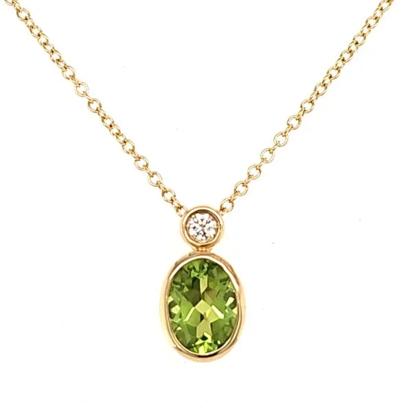 14K Yellow Gold Peridot and Diamond Bezel Pendant Length 18 Inches Quality Gem LLC Bethel, CT