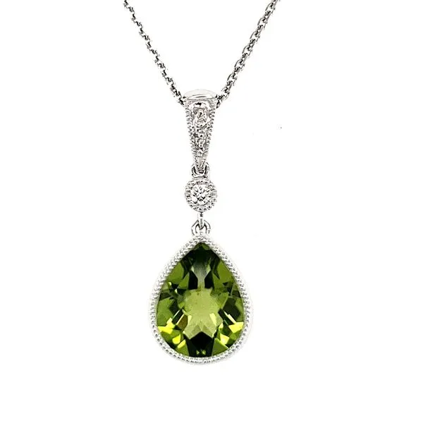 14K White Gold Milgrain Peridot & Diamond Pendant Length 18 Inches Quality Gem LLC Bethel, CT