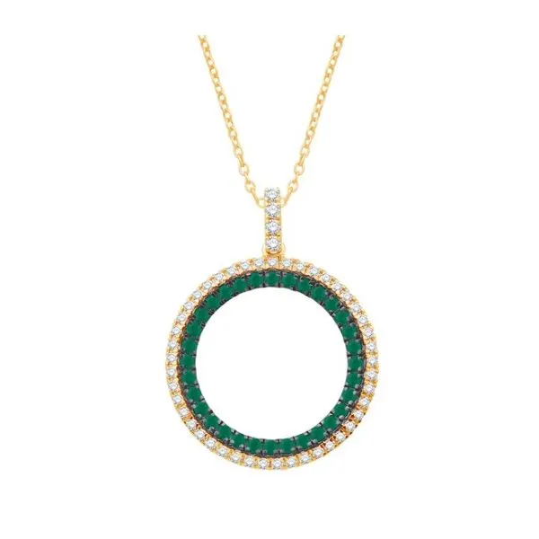 14K Yellow Gold Emerald and Diamond Double Circle pendant Length 18 Inches Quality Gem LLC Bethel, CT