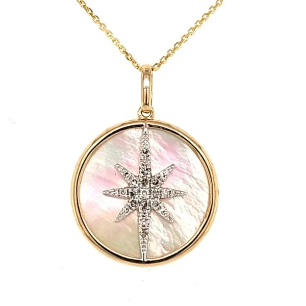 14K Yellow Gold Mother of Pearl and Diamond Disc Pendant Length 18 Inches Quality Gem LLC Bethel, CT