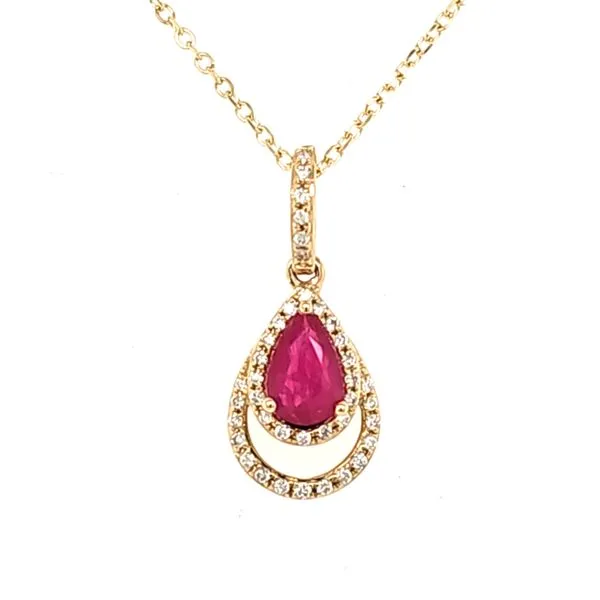 14K Yellow Gold Ruby and Double Pear Halo Pendant Length 18 Inches Quality Gem LLC Bethel, CT