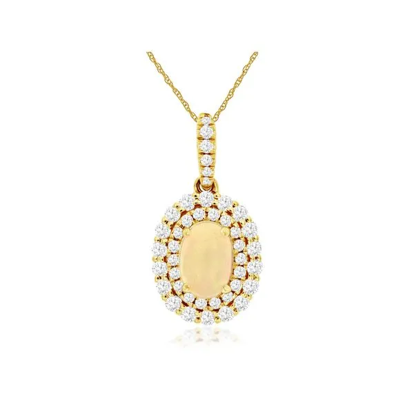 14K Yellow Gold Opal and Diamond Double Halo Pendant Length 18 Inches Quality Gem LLC Bethel, CT