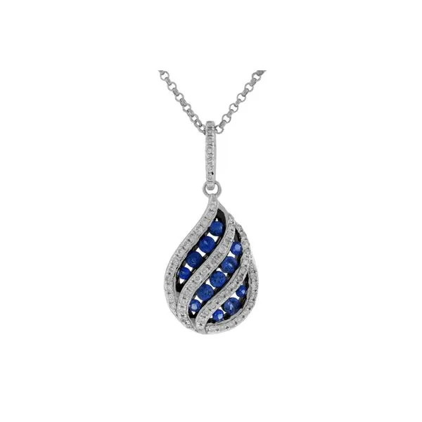 14K White Gold Sapphire and Diamond Pear Shape Swirl Pendant Length 18 Inches Quality Gem LLC Bethel, CT