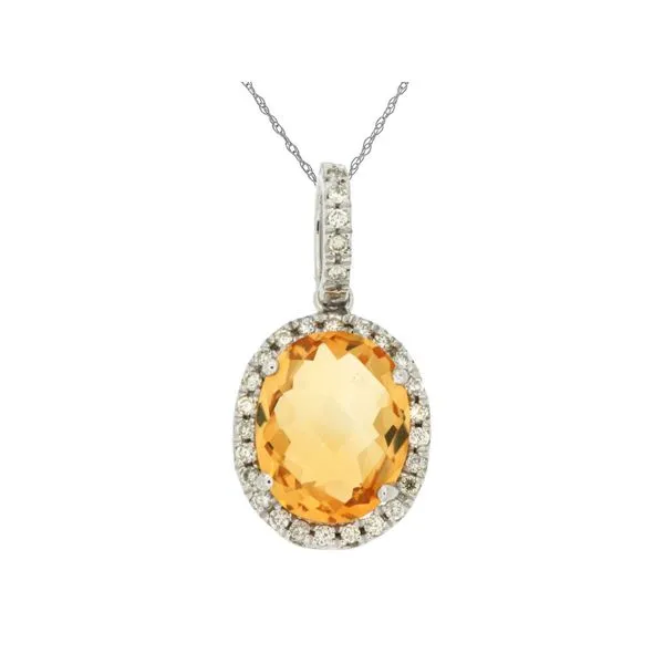 14K White Gold Citrine and Diamond Oval Halo Pendant Length 18 Inches Quality Gem LLC Bethel, CT