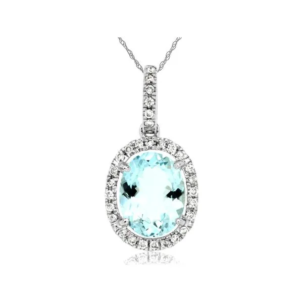 14K White Gold Aquamarine and Diamond Halo Pendant Length 18 Inches Quality Gem LLC Bethel, CT