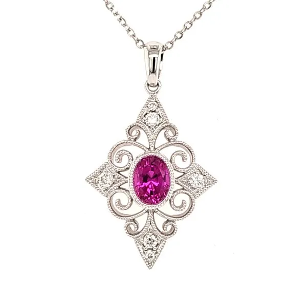 14K White Gold Pink Sapphire and Diamond Filigree Pendant Length 18 Inches Quality Gem LLC Bethel, CT