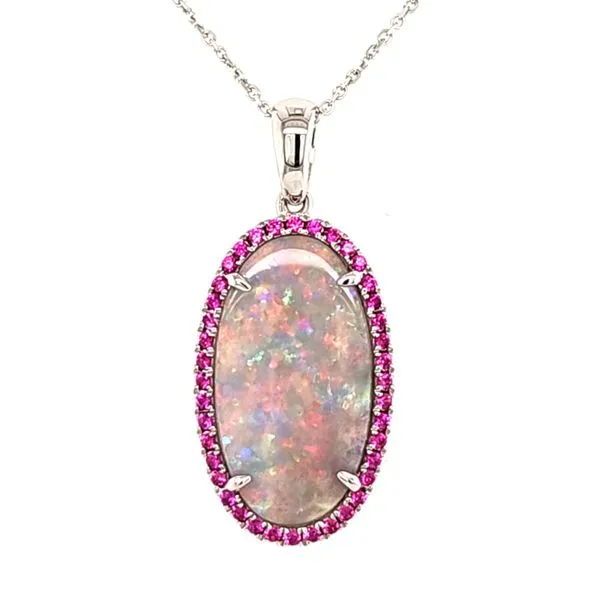 14K White Gold Crystal Opal and Pink Sapphire Pendant Length 18 Inches Quality Gem LLC Bethel, CT