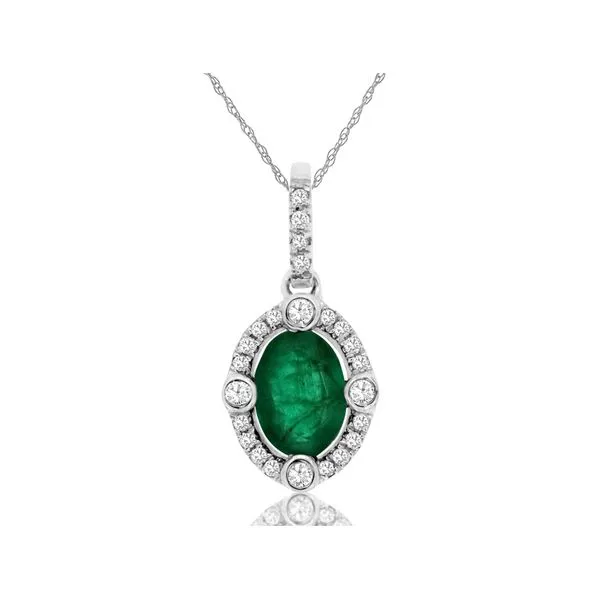 14K White Gold Emerald and Diamond Halo Pendant Length 18 Inches Quality Gem LLC Bethel, CT
