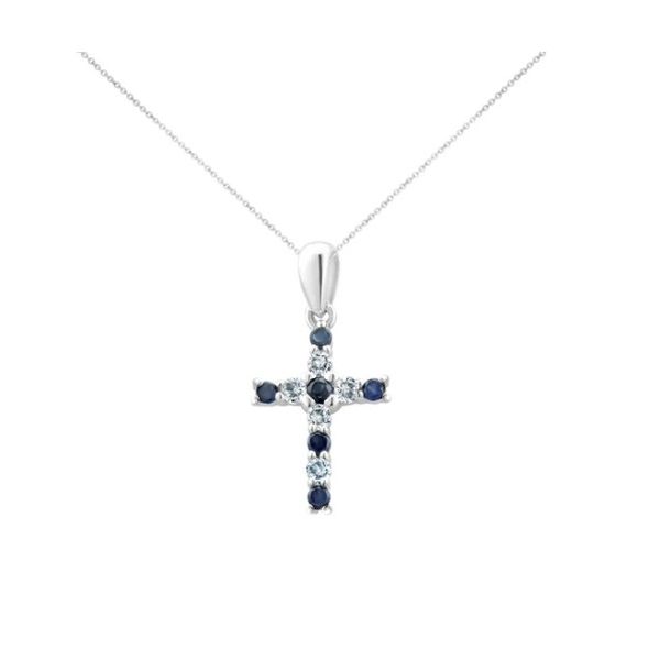 14K White Gold Sapphire and Diamond Cross Pendant Length 18 Inches Quality Gem LLC Bethel, CT