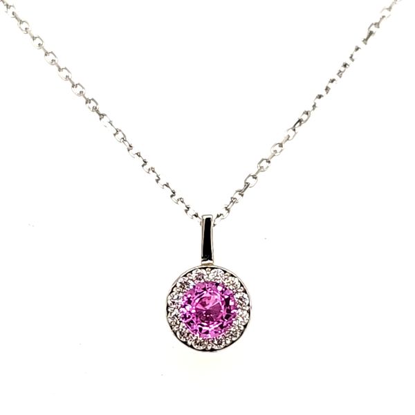 14K White Gold Pink Sapphire and Diamond Halo Pendant Quality Gem LLC Bethel, CT