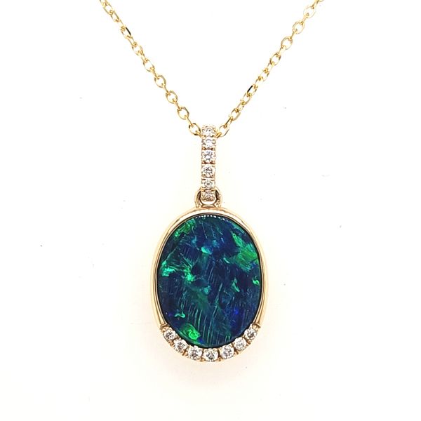 14K Yellow Gold Opal Doublet and Diamond Pendant Length 18 Inches Quality Gem LLC Bethel, CT