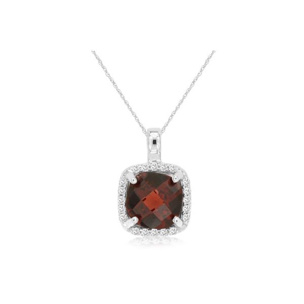 14K White Gold Garnet and Diamond Cushion Halo Pendant Length 18 Inches Quality Gem LLC Bethel, CT