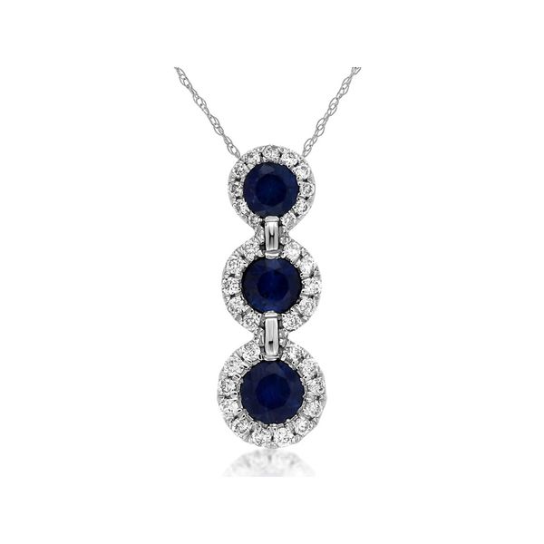 14K White Gold Three Stone Sapphire and Diamond Halo Pendant Quality Gem LLC Bethel, CT
