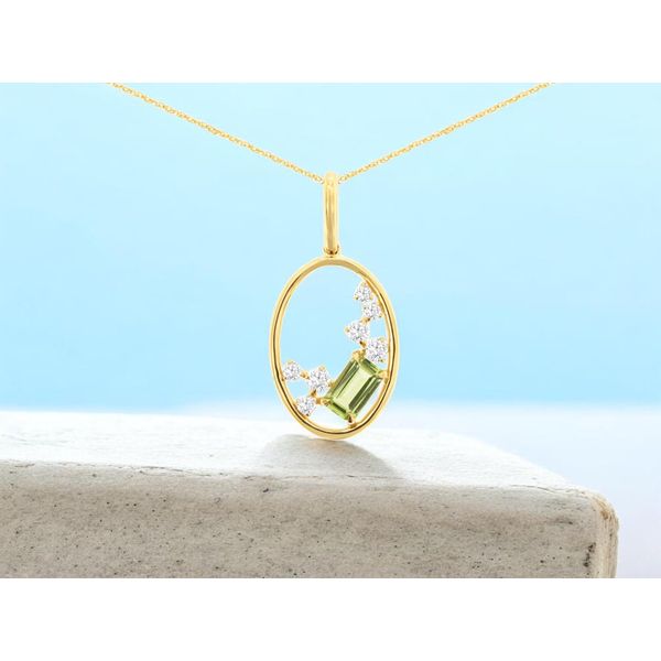 14K Yellow Gold Peridot and Diamond Oval Scatter Pendant Length 18 Inches Image 2 Quality Gem LLC Bethel, CT