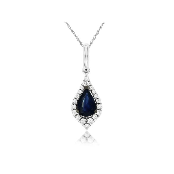 14K White Gold Sapphire and Diamond Teardrop Halo Pendant Length 18 Inches Quality Gem LLC Bethel, CT