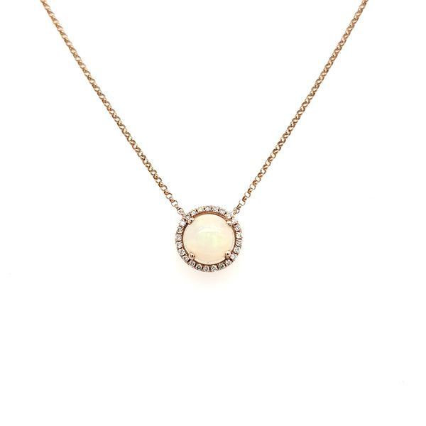 14K Rose Gold Opal & Diamond Halo Necklace Image 3 Quality Gem LLC Bethel, CT