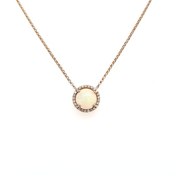 14K Rose Gold Opal & Diamond Halo Necklace Image 4 Quality Gem LLC Bethel, CT