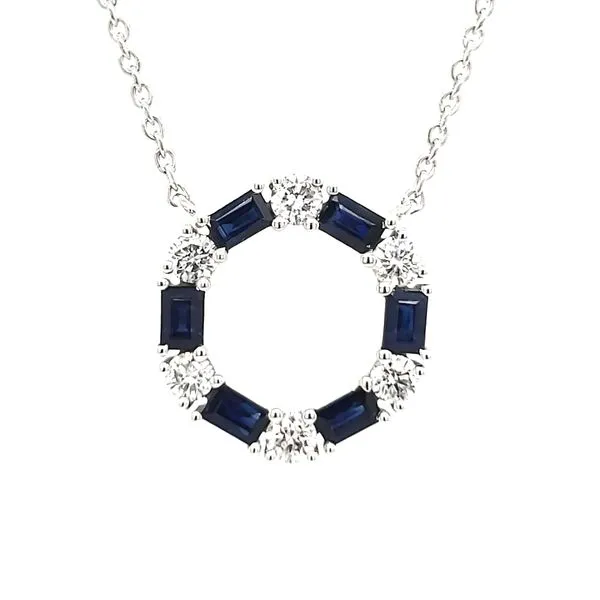 14K White Gold Sapphire & Diamond Circle With Bezel Diamond Stations Necklace Image 3 Quality Gem LLC Bethel, CT