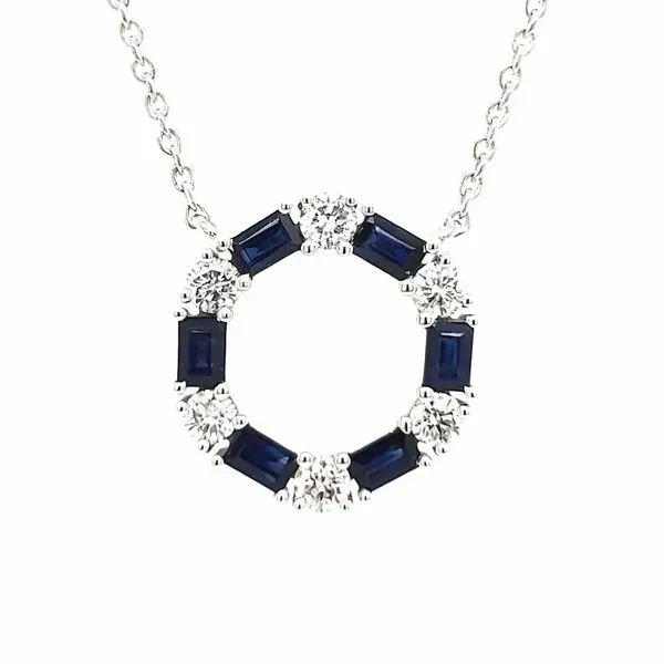 14K White Gold Sapphire & Diamond Circle With Bezel Diamond Stations Necklace Image 3 Quality Gem LLC Bethel, CT