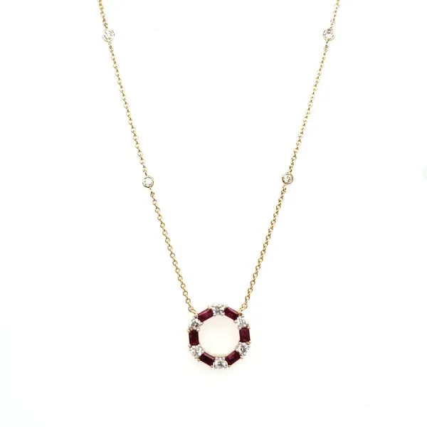 14K Yellow Gold Ruby & Diamond Circle With Bezel Diamond Stations Necklace Image 2 Quality Gem LLC Bethel, CT