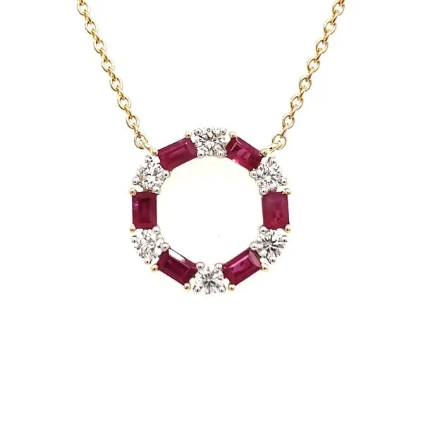 14K Yellow Gold Ruby & Diamond Circle With Bezel Diamond Stations Necklace Quality Gem LLC Bethel, CT