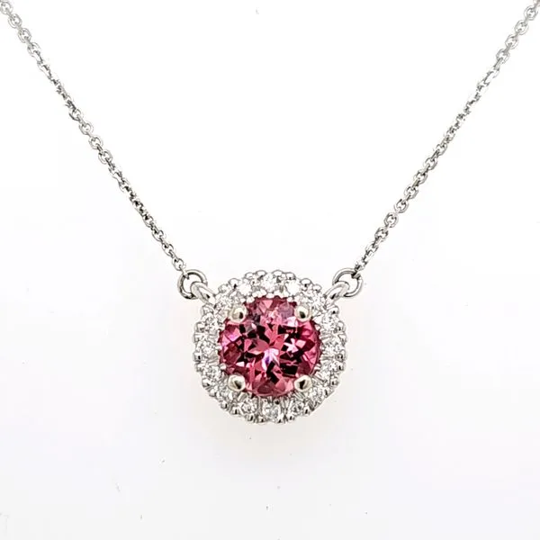 14K White Gold Pink Tourmaline and Diamond Halo Necklace Length 18 Inches Quality Gem LLC Bethel, CT