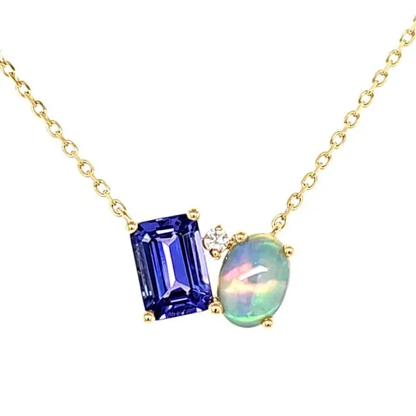14K Yellow Gold Tanzanite, Ethiopian Opal, and Diamond Necklace Length 18 Inches Quality Gem LLC Bethel, CT