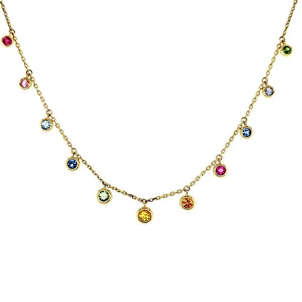 14K Yellow Gold Multi Colored Sapphire Dangle Necklace Length 18 Inches Quality Gem LLC Bethel, CT