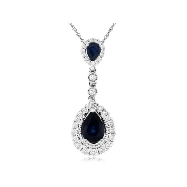 14K White Gold Sapphire and Diamond Double Pear Dangle Necklace Length 18 Inches Quality Gem LLC Bethel, CT