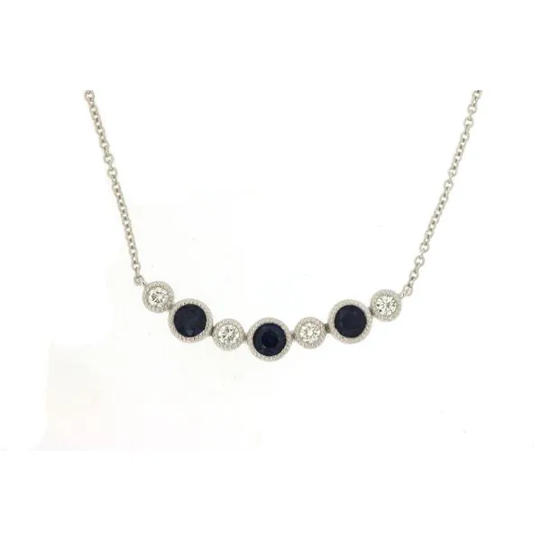 14K White Gold Sapphire and Diamond Beaded Bezel Curve Necklace Length 18 Inches Quality Gem LLC Bethel, CT