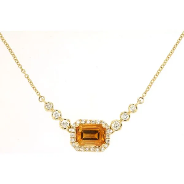 14K Yellow Gold Citrine and Diamond East West Halo Necklace Length 18 Inches Quality Gem LLC Bethel, CT