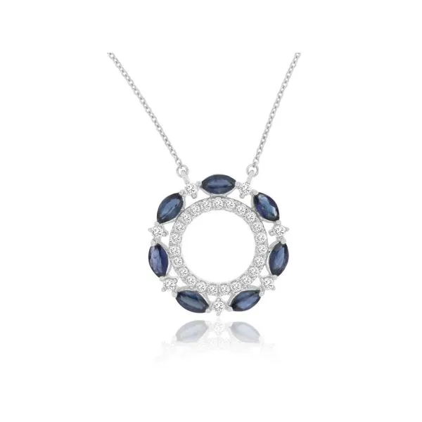14K White Gold Sapphire and Diamond Double Circle Necklace Length 18 Inches Quality Gem LLC Bethel, CT