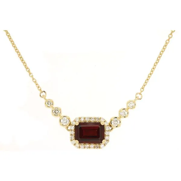 14K Yellow Gold Garnet and Diamond East West Halo Necklace Length 18 Inches Quality Gem LLC Bethel, CT