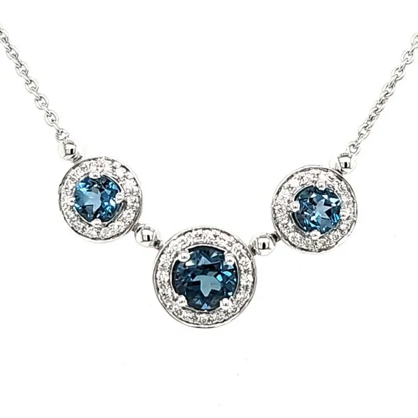 14K White Gold London Blue Topaz and Diamond 3 Halo Necklace Length 18 Inches Quality Gem LLC Bethel, CT