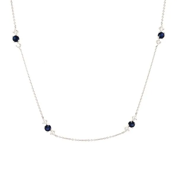 18K White Gold Sapphire and Diamond Station Necklace Length 18 Inches Quality Gem LLC Bethel, CT