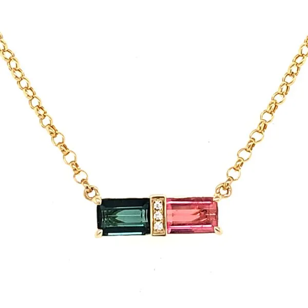14K Yellow Gold Pink and Green Tourmaline and Diamond Necklace Length 18 Inches Quality Gem LLC Bethel, CT