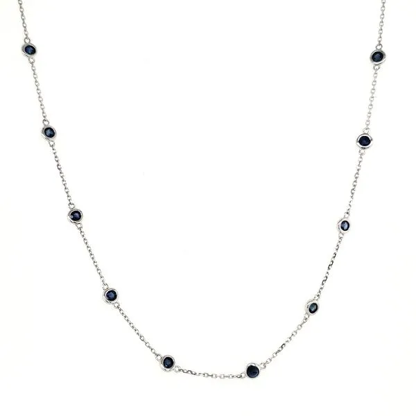14K White Gold Sapphire Bezel Station Necklace Length 16-18 Inches Adjustable Quality Gem LLC Bethel, CT