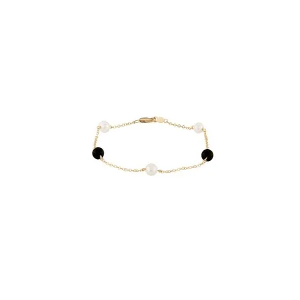 14K Yellow Gold Onyx and Pearl Station Bracelet Length 7 Inches Quality Gem LLC Bethel, CT