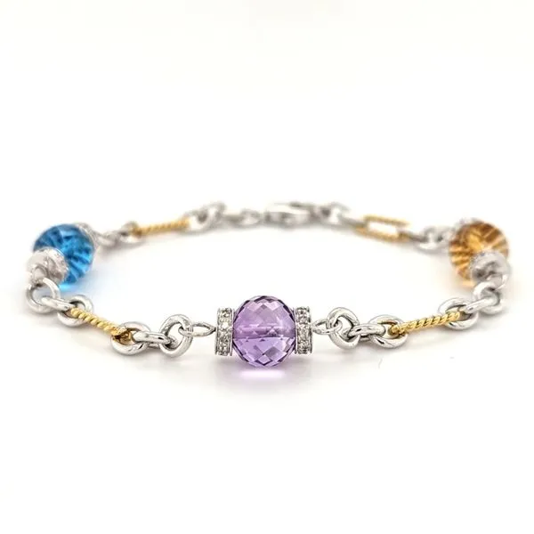 14K Two Tone Multi Colored Semi Precious Gemstone and Diamond Bracelet Length 7 Inches Quality Gem LLC Bethel, CT