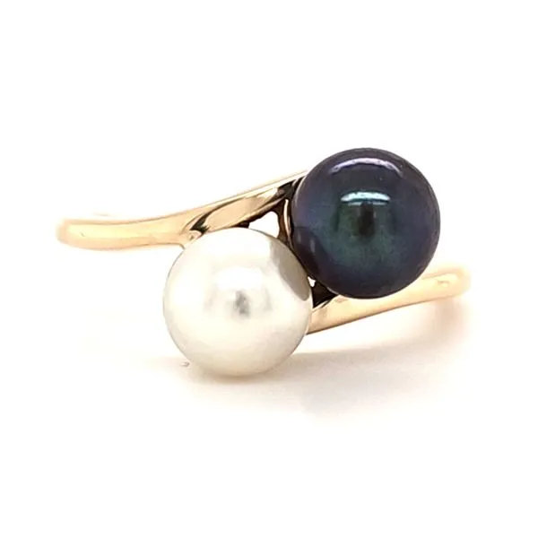 14K Yellow Gold White and Dyed Black Pearl Bypass Ring Size 6.5 Quality Gem LLC Bethel, CT