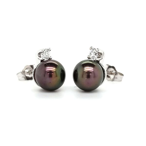 14K White Gold Black Cultured Pearls & Diamond Stud Earrings Image 2 Quality Gem LLC Bethel, CT