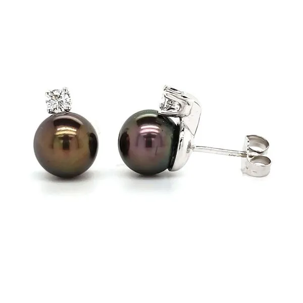 14K White Gold Black Cultured Pearls & Diamond Stud Earrings Image 3 Quality Gem LLC Bethel, CT