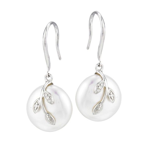 14K White Gold Coin Pearl & Diamond Dangle Earrings Quality Gem LLC Bethel, CT